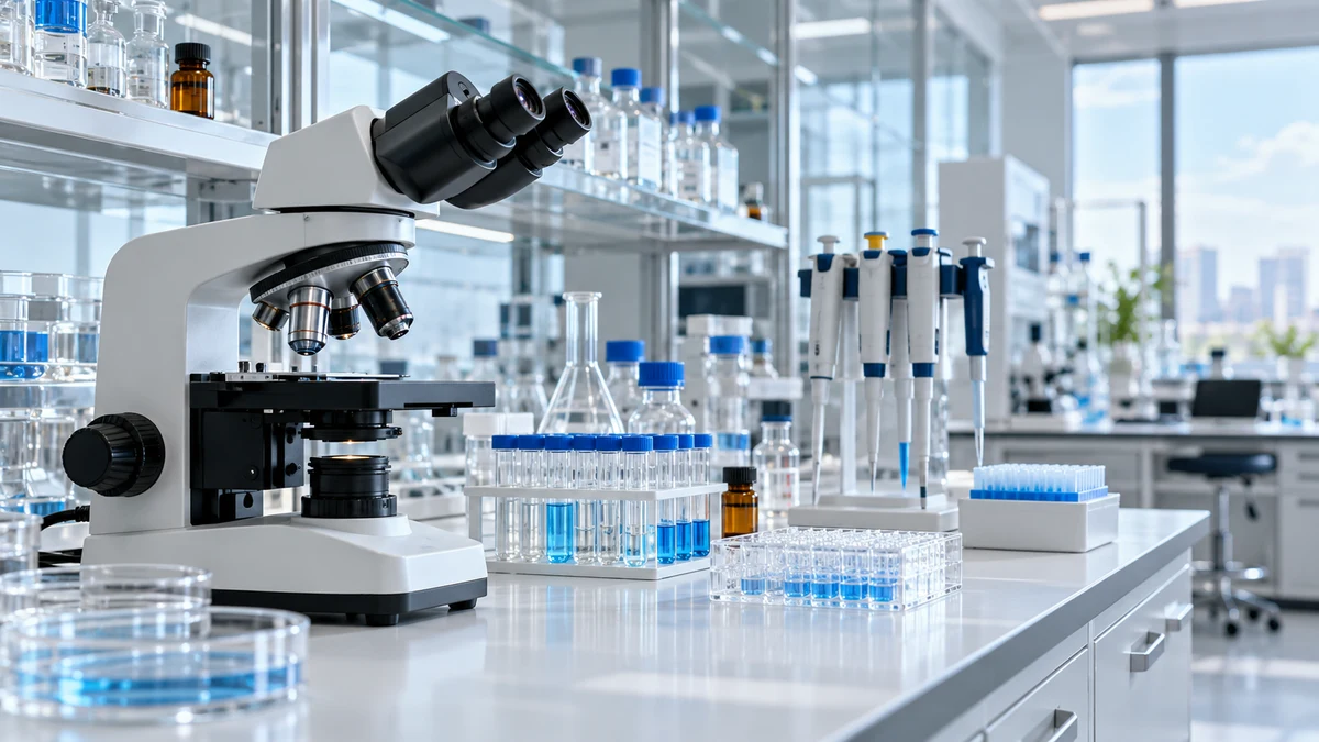 AI-generated concept illustration of a bright research laboratory with a microscope, sample vials and pipettes.