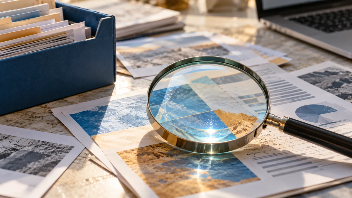 AI-generated editorial illustration of a magnifying glass over printed documents beside a blue archive tray.