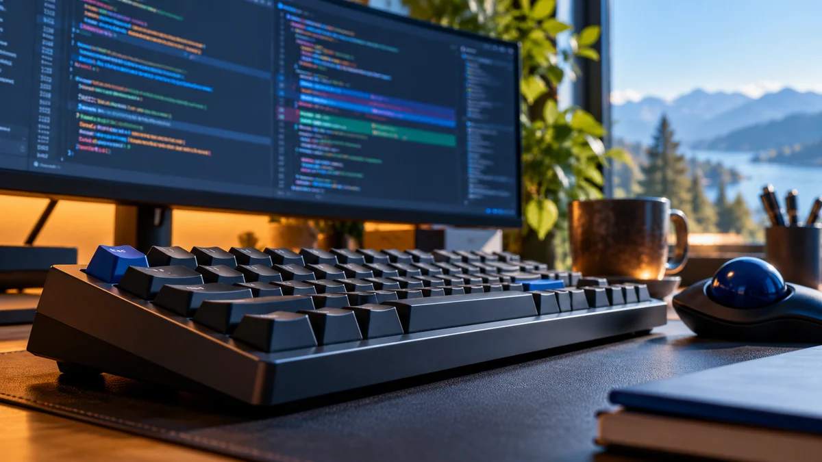 AI-generated editorial illustration of a programmer's mechanical keyboard and a wide code-review monitor with an indistinct interface.