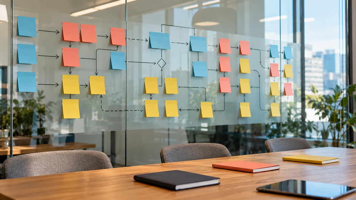 AI-generated illustration of colorful task cards and connecting arrows on a glass meeting-room wall.