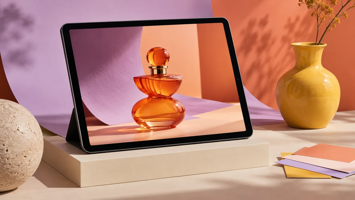 AI-generated illustration of a tablet displaying an orange perfume bottle beside colorful studio props.