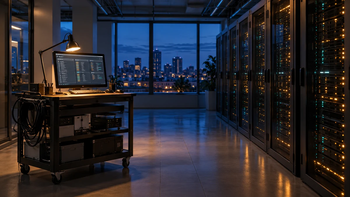 AI-generated editorial illustration of a small cloud operations room with an active workstation at night.