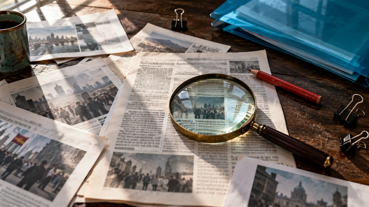 AI-generated illustration of a magnifying glass over newspaper-style printouts beside a blue document folder.