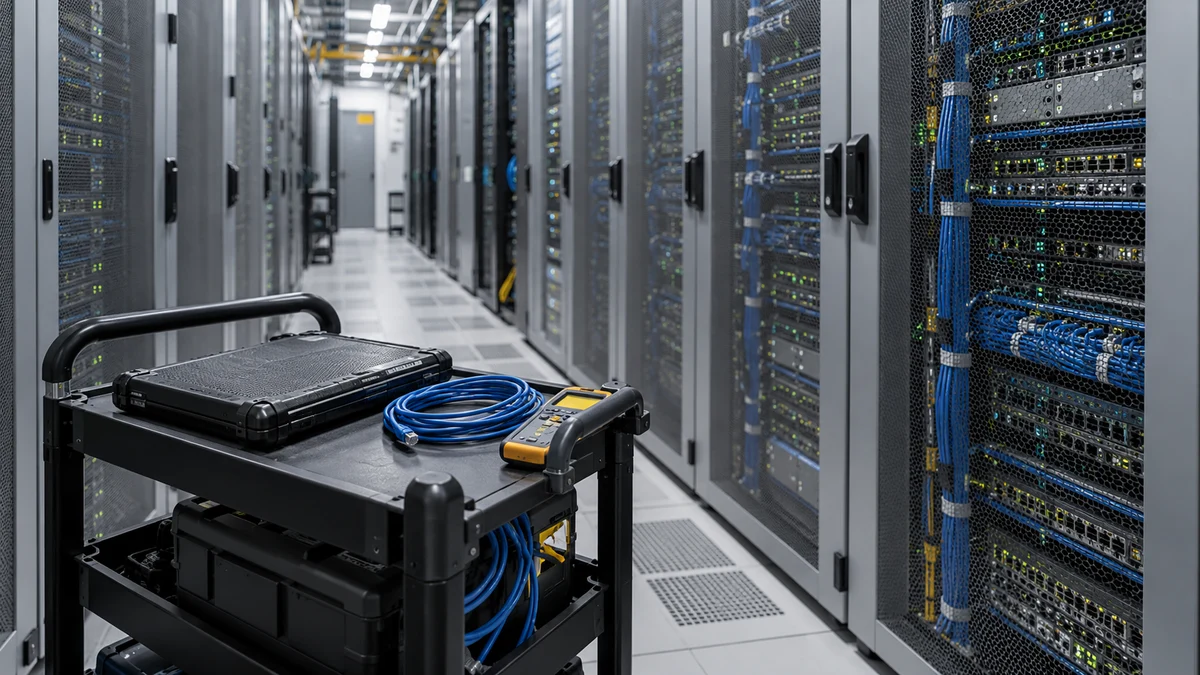 AI-generated illustration of a maintenance cart and network testing equipment in a server aisle.