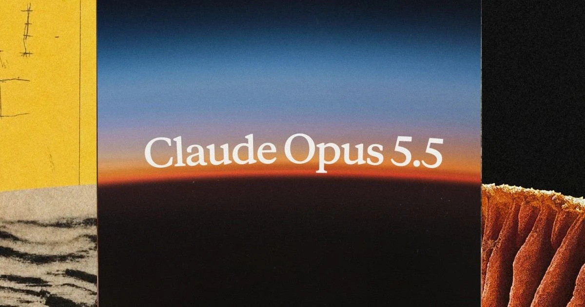 Claude Opus 5.5 release title over a textured yellow, sunset and orange collage.