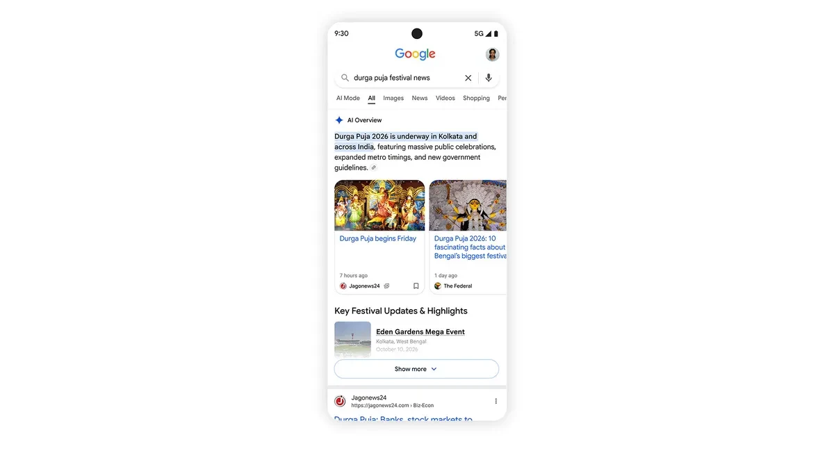 Official Google AI Search screenshot illustrating prominent news article carousels.