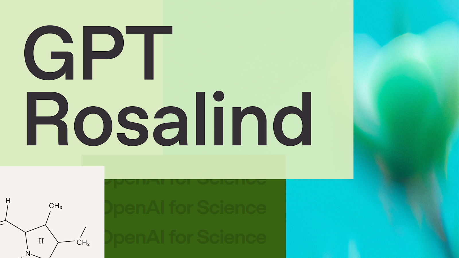 Official OpenAI cover with GPT stacked above Rosalind in dark type on a pale green field, a chemical-structure diagram at the lower left, repeated OpenAI for Science lettering, and a blurred teal and green form on the right.