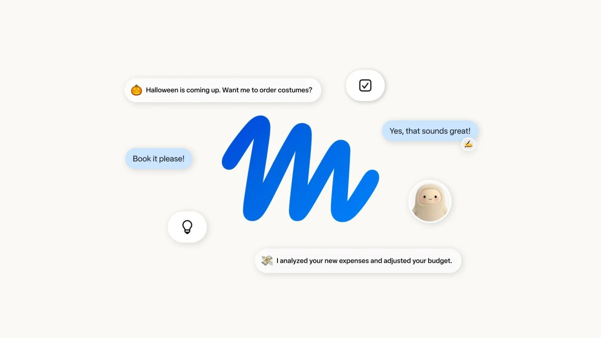 Muse personal-agent launch graphic with chat bubbles about bookings, costumes and expenses.