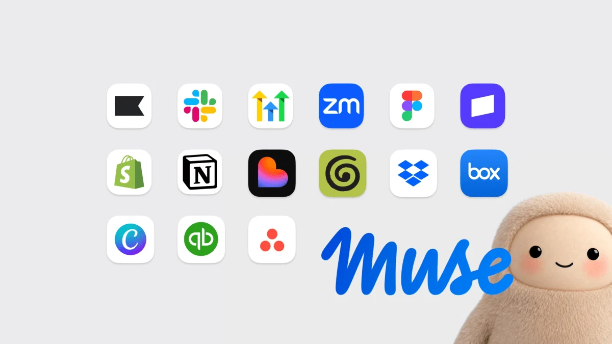 Muse small-business announcement graphic with supported app icons and the Muse mascot.