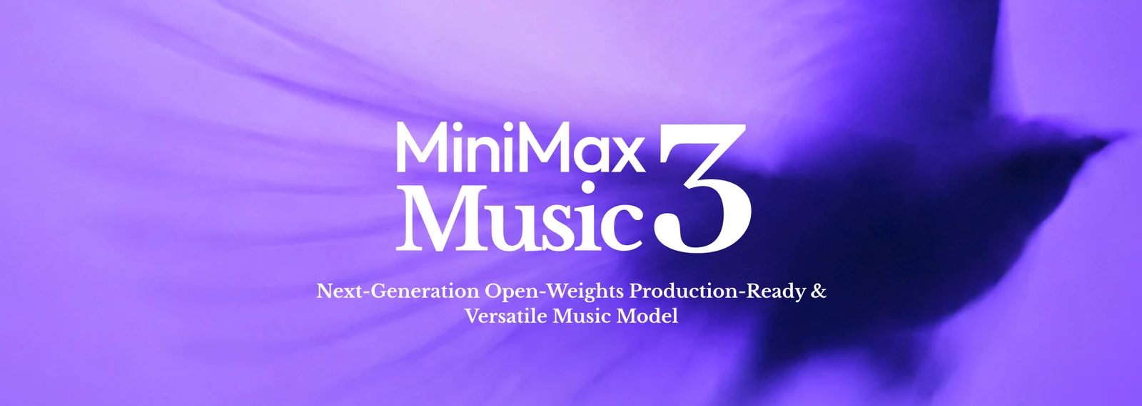 Official MiniMax Music 3 announcement banner with white lettering on a purple background.