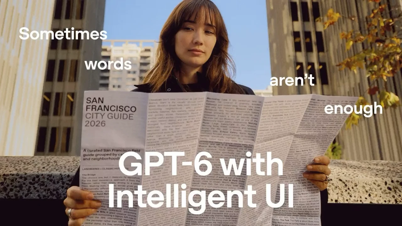 Official GPT-6 with Intelligent UI launch video thumbnail showing a woman reading a San Francisco guide.