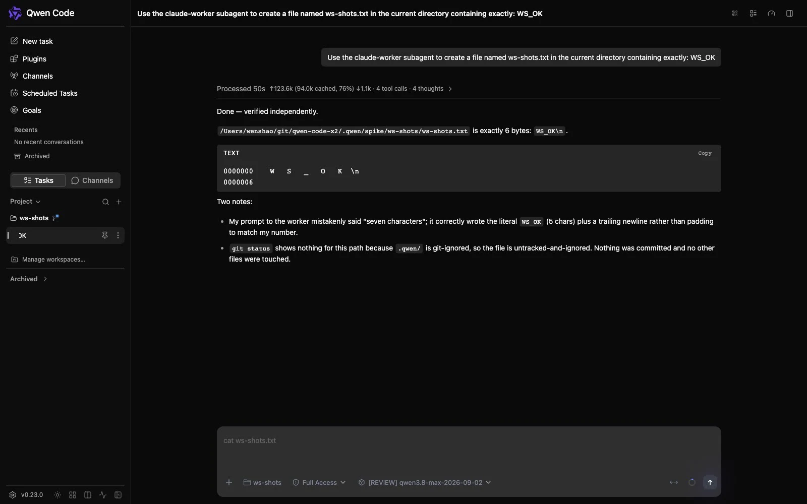 Qwen Code showing work delegated to an external coding agent and its returned result.