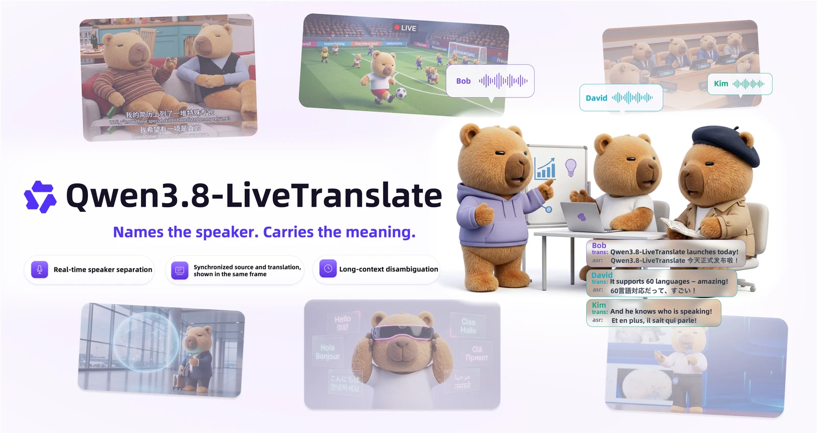 Qwen3.8-LiveTranslate official graphic showing speaker-aware translation.