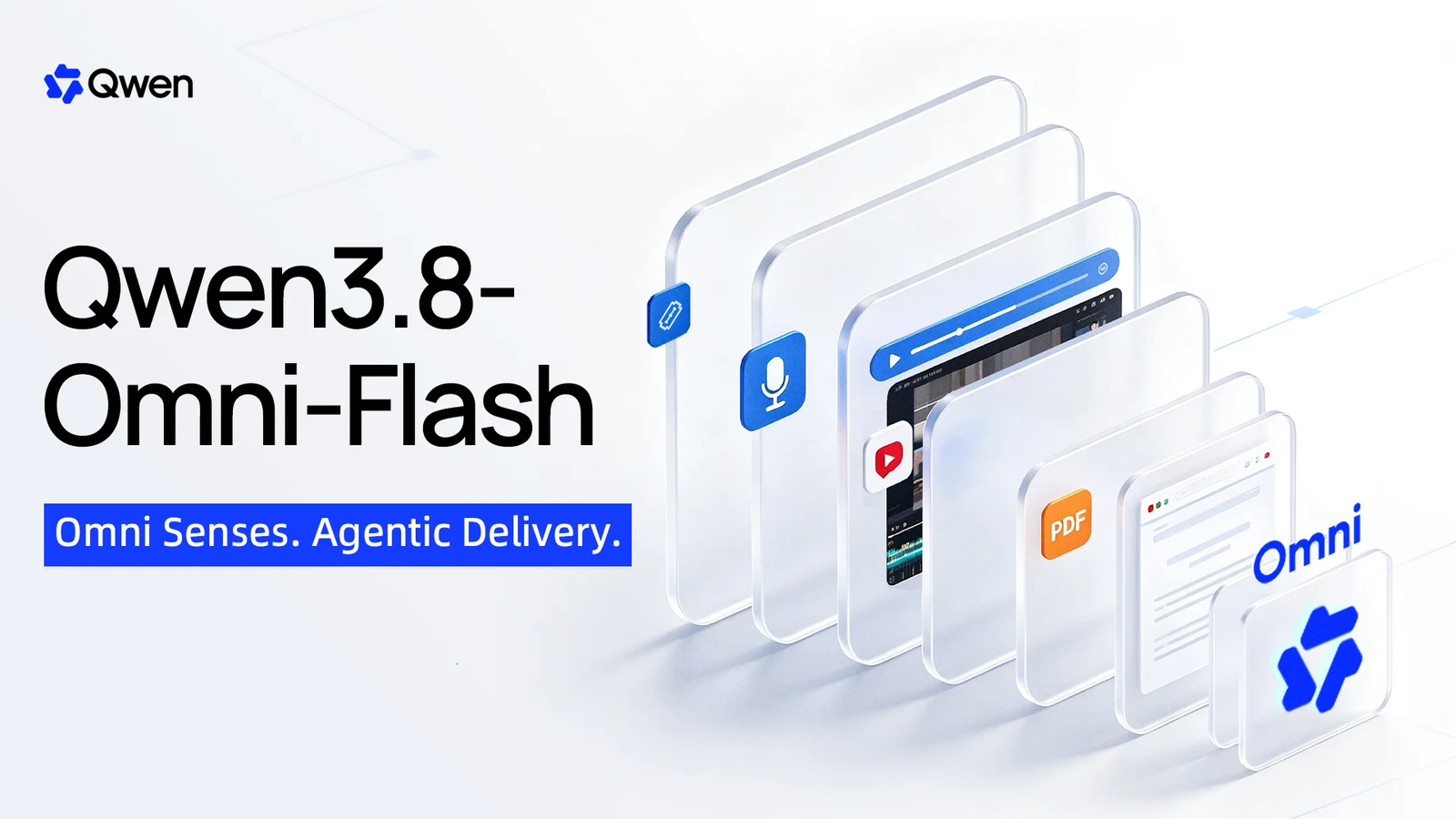 Qwen3.8-Omni-Flash launch graphic with audio, video and document interface panels.